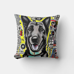 German Shepherd Pop Art with GSD, Yellow Red Blue Cushion