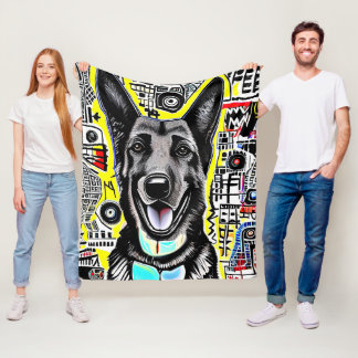 German Shepherd Pop Art with GSD, Yellow Red Blue Fleece Blanket