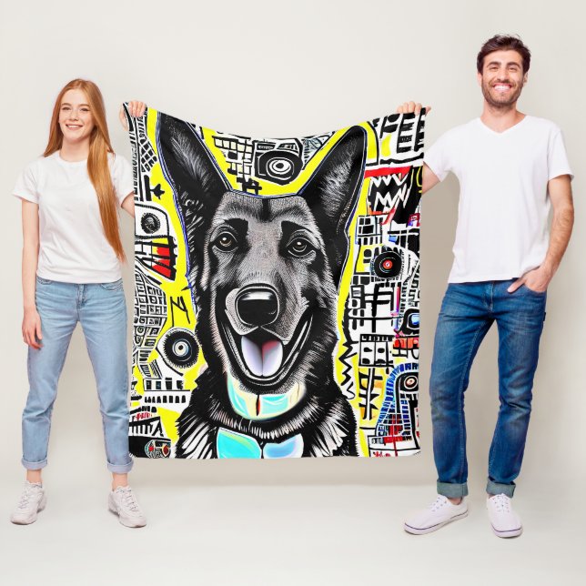German Shepherd Pop Art with GSD, Yellow Red Blue  Fleece Blanket (In Situ)