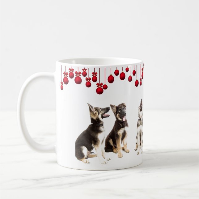 German Shepherd puppies and red ornaments Coffee Mug (Left)