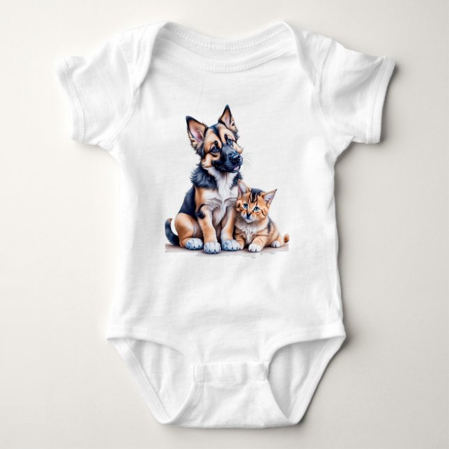 German Shepherd Puppy And Maincoon Kitten Baby Bodysuit (Front)