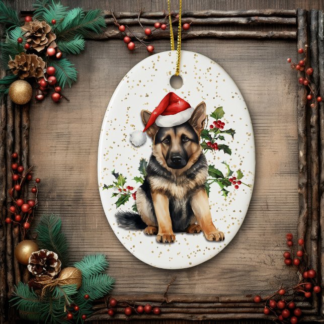 German Shepherd Puppy Christmas Holly Ceramic Tree Decoration (Creator Uploaded)