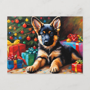 German Shepherd Puppy, Christmas Tree, Presents  Holiday Postcard