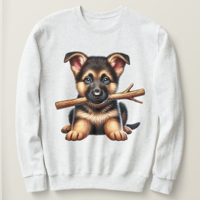 German Shepherd Puppy Holding a Stick in Its Mouth Sweatshirt (Design Front)