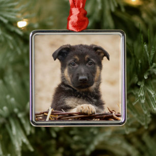 German Shepherd Puppy In Basket Metal Tree Decoration