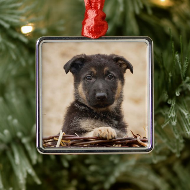 German Shepherd Puppy In Basket Metal Tree Decoration (Tree)