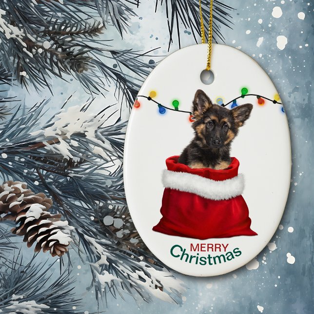German Shepherd Puppy in Gift Bag Christmas Ceramic Tree Decoration (Creator Uploaded)