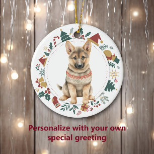 German Shepherd Puppy in Winter Sweater Christmas Ceramic Tree Decoration