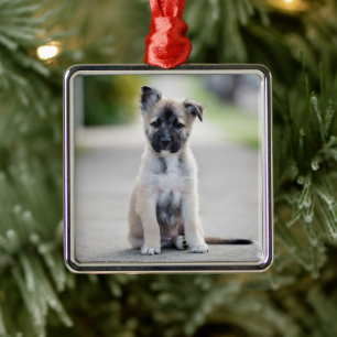 German Shepherd Puppy on Footpath Metal Tree Decoration