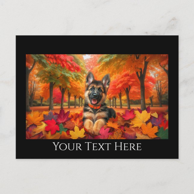 German Shepherd Puppy Playing in Autumn Leaves Postcard (Front)