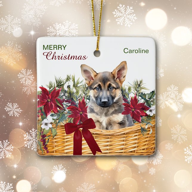 German Shepherd Puppy Poinsettia Christmas Basket Ceramic Ornament (Creator Uploaded)