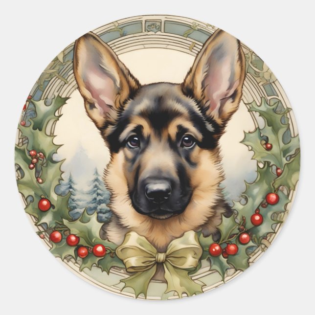 German Shepherd Puppy Vintage Holiday Stickers (Front)