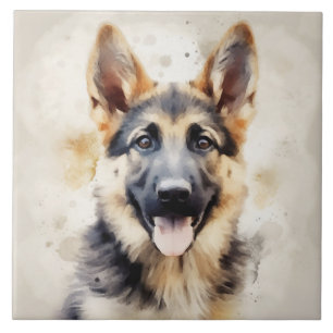 German Shepherd Puppy, Watercolor art Tile