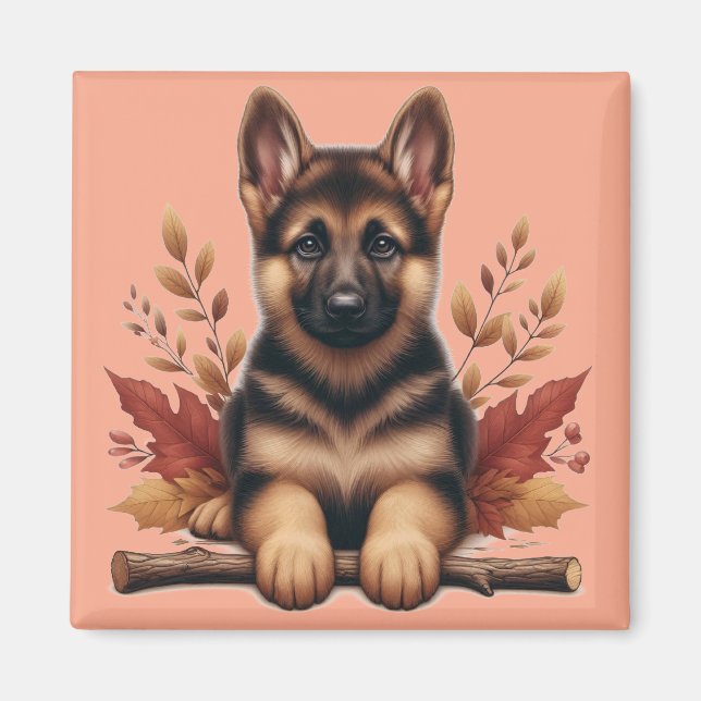  German Shepherd Puppy With Autumn Leaves Magnet (Front)