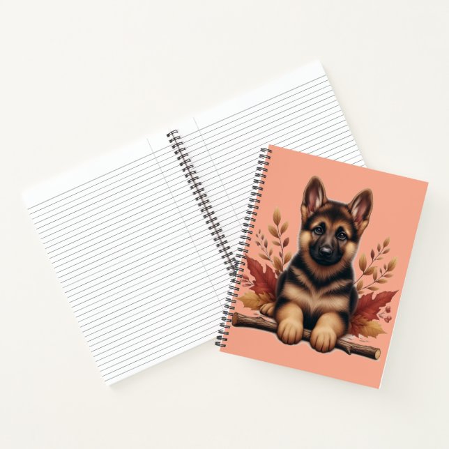 German Shepherd Puppy With Autumn Leaves Notebook (Inside)