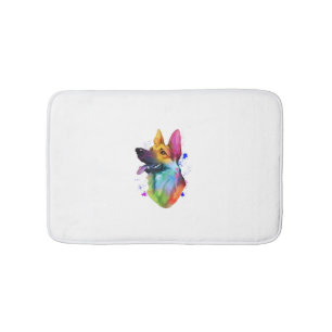 German Shepherd Rainbow Watercolor Paint Splatter  Bath Mat