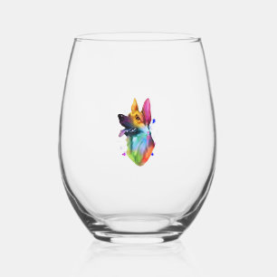 German Shepherd Rainbow Watercolor Paint Splatter  Stemless Wine Glass