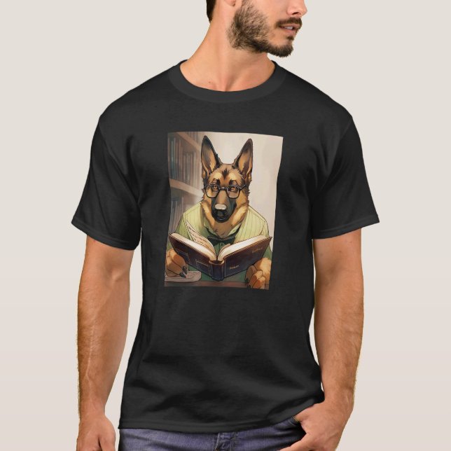German Shepherd Reading Funny Dog Book Lover T-Shirt (Front)