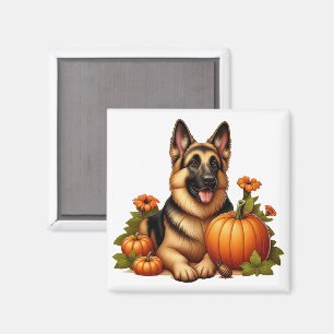 German Shepherd Resting With Pumpkins and Flowers Magnet