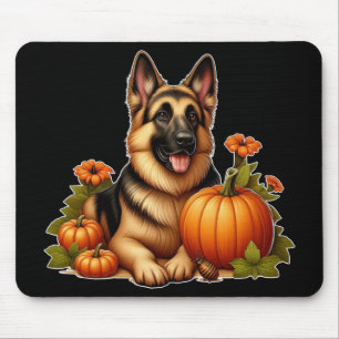 German Shepherd Resting With Pumpkins and Flowers Mouse Pad