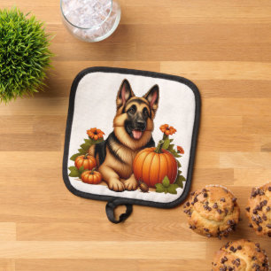 German Shepherd Resting With Pumpkins and Flowers Pot Holder