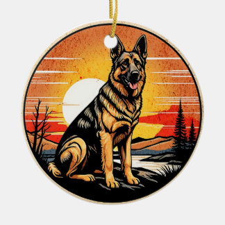 German Shepherd Retro Sunset Dog Lover Ceramic Tree Decoration