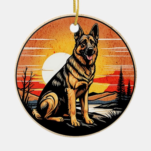 German Shepherd Retro Sunset Dog Lover Ceramic Tree Decoration (Front)