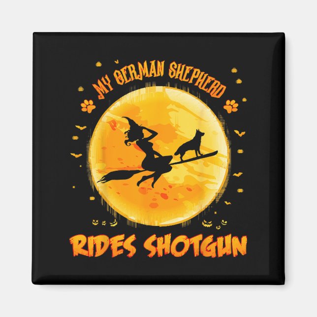 German Shepherd Rides Shot Funny Halloween Dog Magnet (Front)