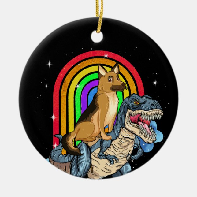 German Shepherd Riding Dinosaur T rex Rainbow Ceramic Tree Decoration (Front)