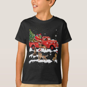 German Shepherd Riding Red Truck Merry Christmas X T-Shirt