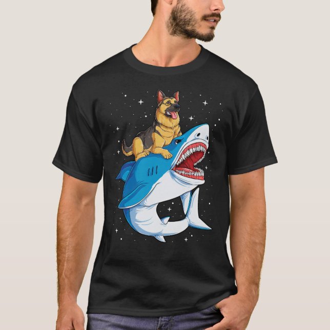 German Shepherd Riding Shark T-Shirt (Front)