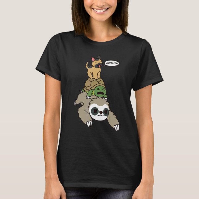 German Shepherd Riding Sloth Tortoise Dog T-Shirt (Front)