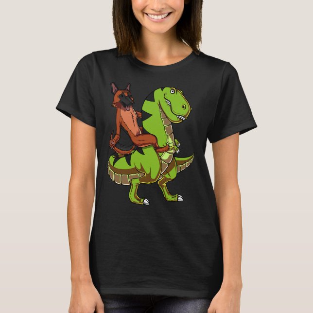 German Shepherd Riding T Rex Dinosaur T-Shirt (Front)
