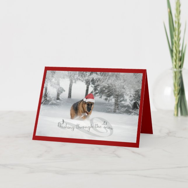 German Shepherd Running in Snow Holiday Greeting (Front)