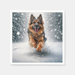 German Shepherd Running In Snow Napkin