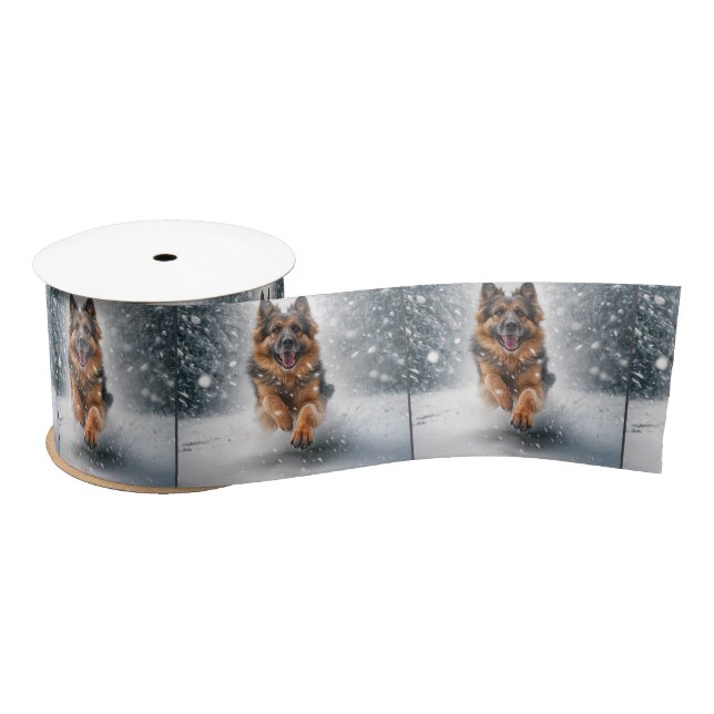 German Shepherd Running In Snow Satin Ribbon (Spool)