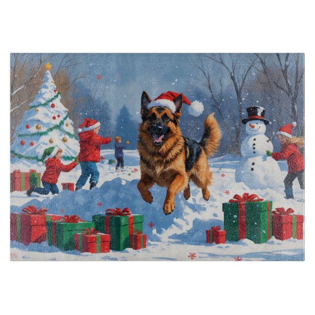 German Shepherd Running in Snow with Christmas Hat Cutting Board (Front)