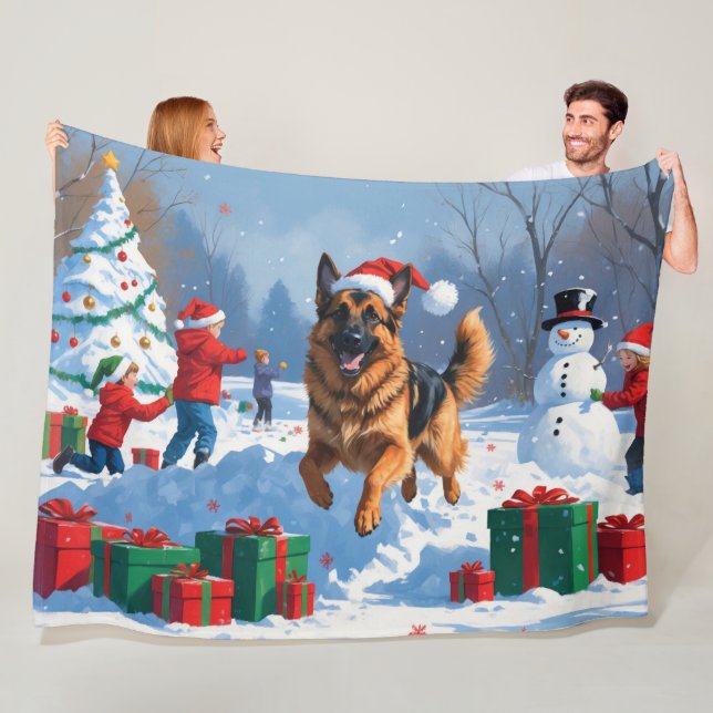 German Shepherd Running in Snow with Christmas Hat Fleece Blanket (In Situ)