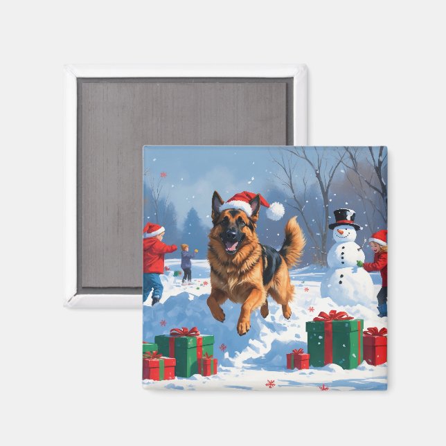German Shepherd Running in Snow with Christmas Hat Magnet (Front/Back)