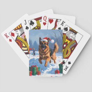 German Shepherd Running in Snow with Christmas Hat Playing Cards