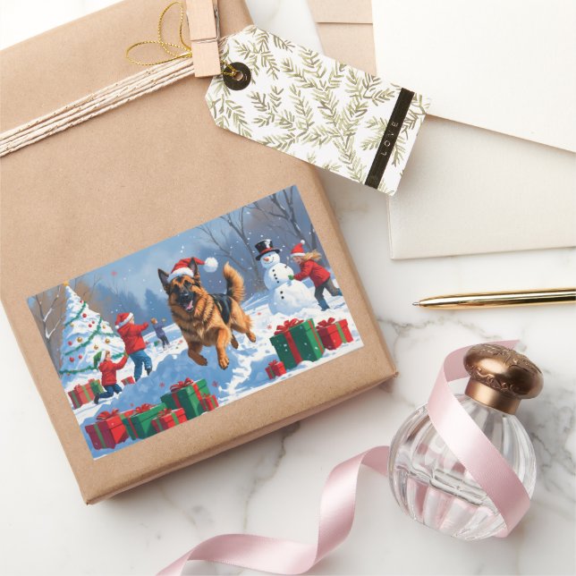 German Shepherd Running in Snow with Christmas Hat Rectangular Sticker (Gifting)