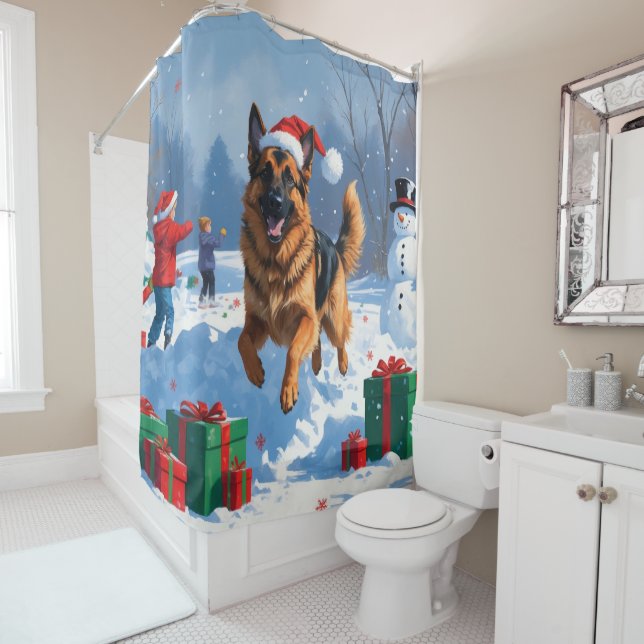 German Shepherd Running in Snow with Christmas Hat Shower Curtain (In Situ)
