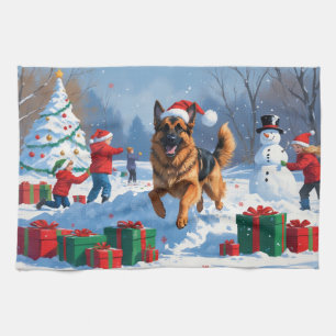 German Shepherd Running in Snow with Christmas Hat Tea Towel