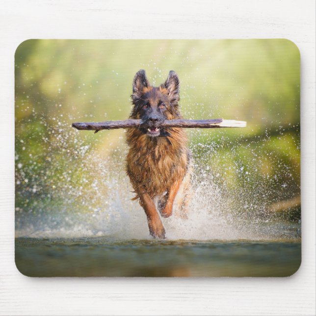 German Shepherd Running with Stick Mouse Pad (Front)