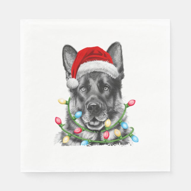 German Shepherd Santa Christmas Tree Lights Xmas B Napkin (Front)