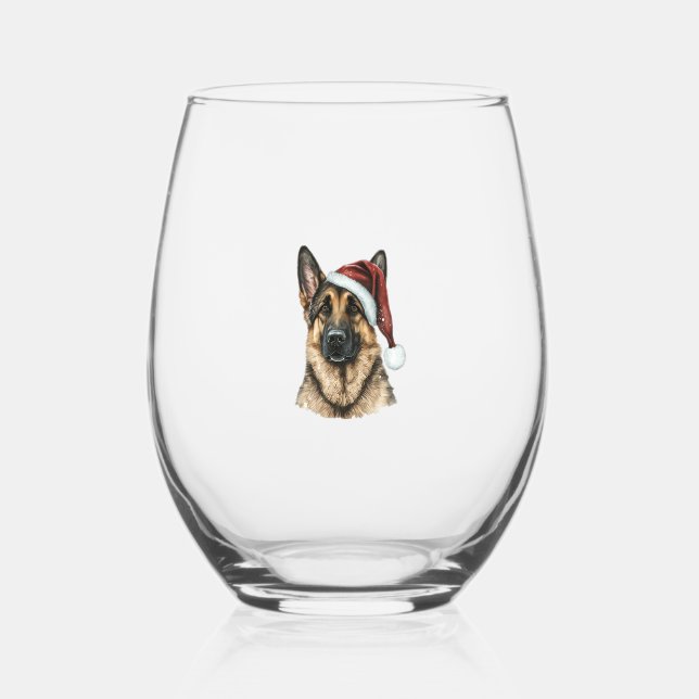 German Shepherd Santa Claus Dog Christmas  Stemless Wine Glass (Front)