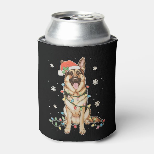 German Shepherd Santa Hat Christmas Lights Tree Can Cooler (Can Front)