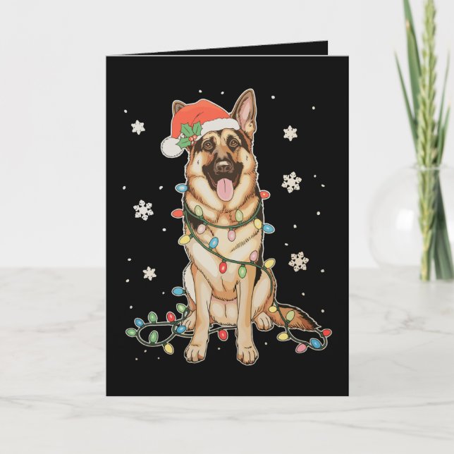 German Shepherd Santa Hat Christmas Lights Tree Card (Front)