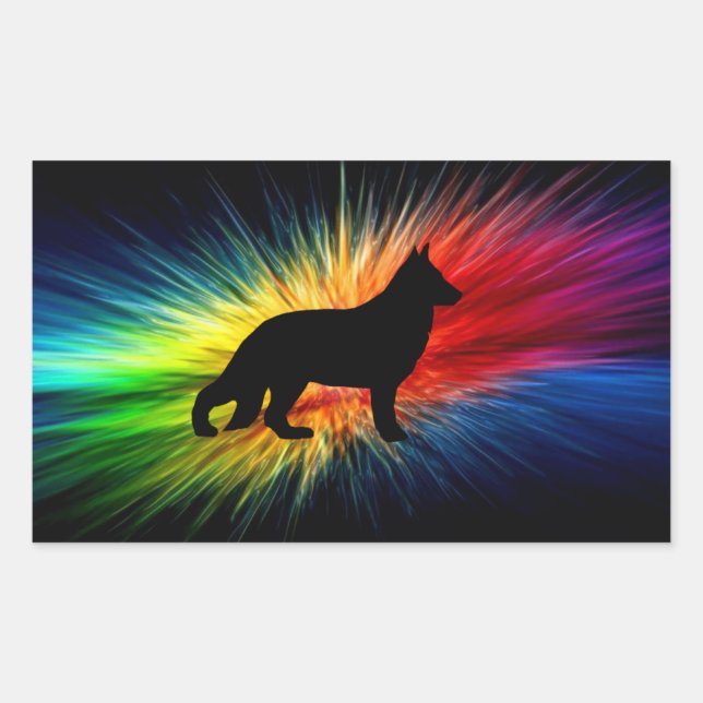 German Shepherd Silhouette on Rainbow Burst Rectangular Sticker (Front)