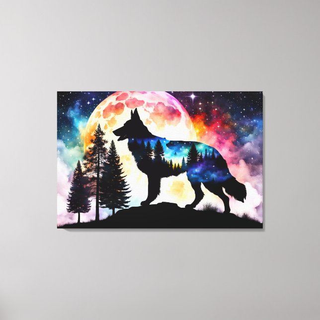 German Shepherd Silhouette on the Mountain Moon  Canvas Print (Front)